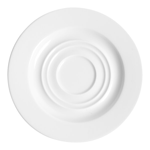 A white round porcelain mug saucer with a wide rim and concentric circle design.