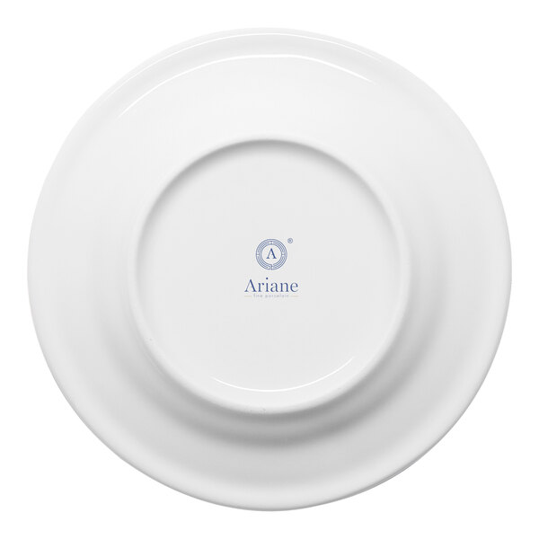 A white round porcelain mug saucer with a wide rim, viewed from the bottom and featuring the Ariane brand logo.