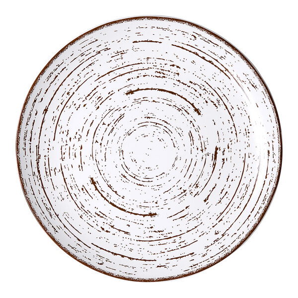 A white Ariane round porcelain plate with brown lines around the rim.