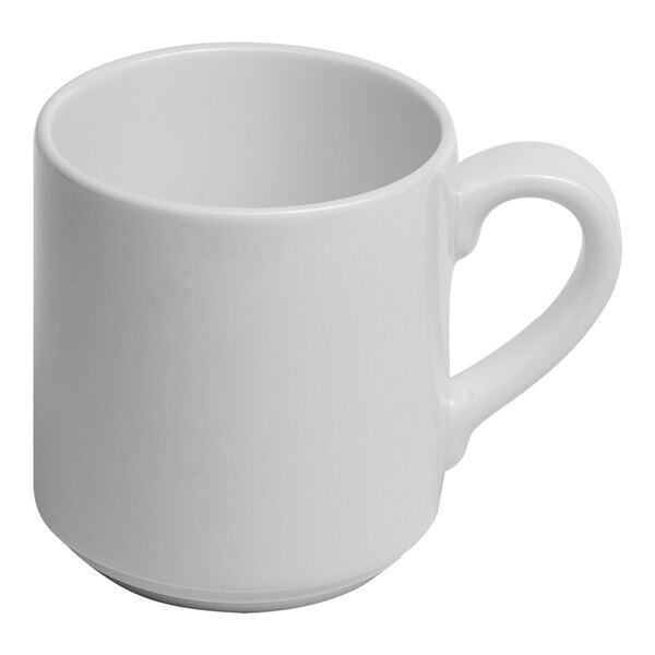 A plain, warm white porcelain coffee cup with a handle.
