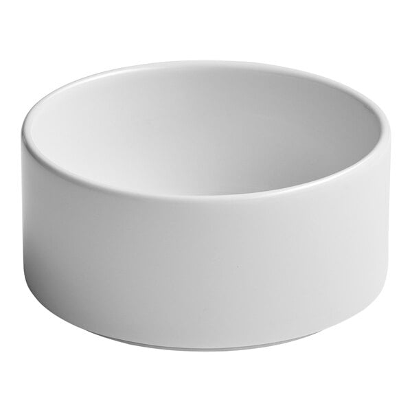 A plain, round, white porcelain soup bowl with straight sides.