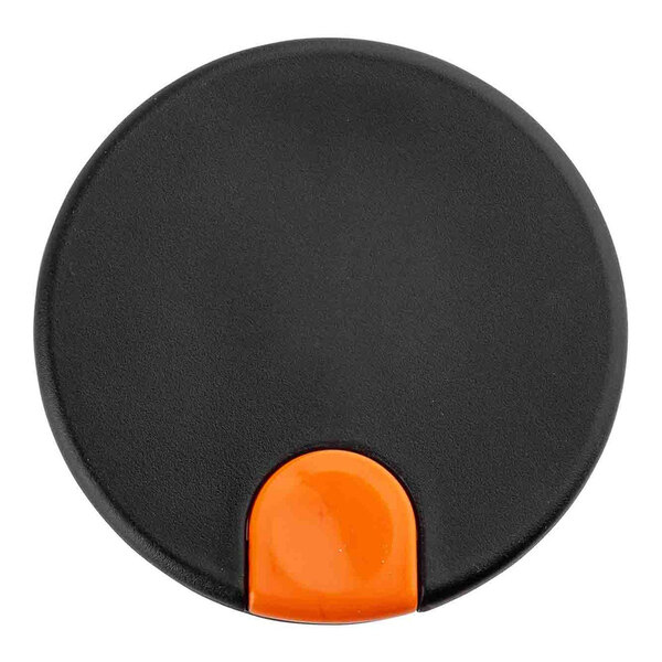A black plastic lid with an orange thumb press designed for a 34 oz. coffee carafe.