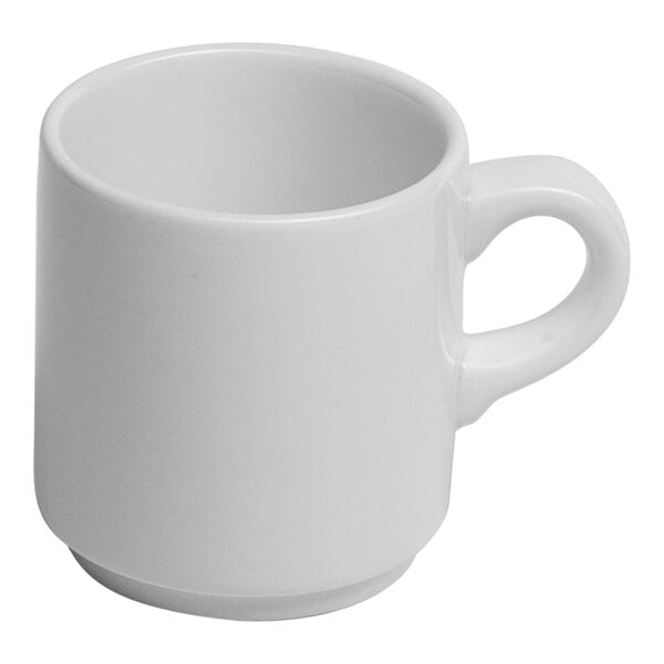 A small, white porcelain espresso cup with a handle.