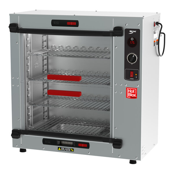 A large silver Metro HotBlox Xpress Countertop Holding Cabinet with shelves inside.