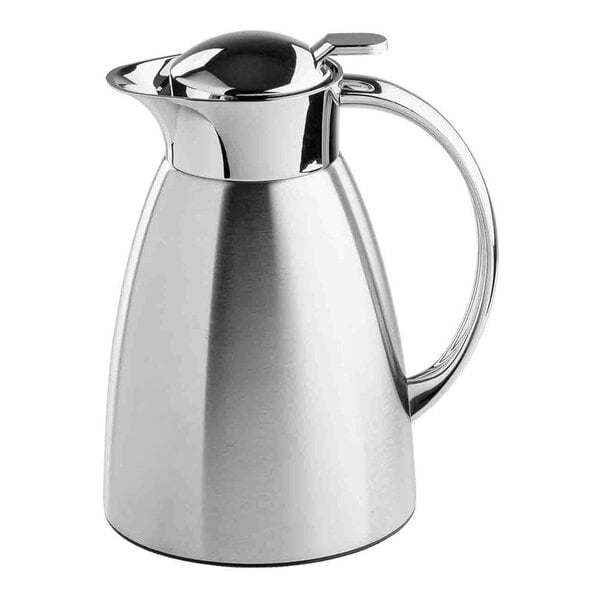 A stainless steel coffee carafe with a handle and spout.