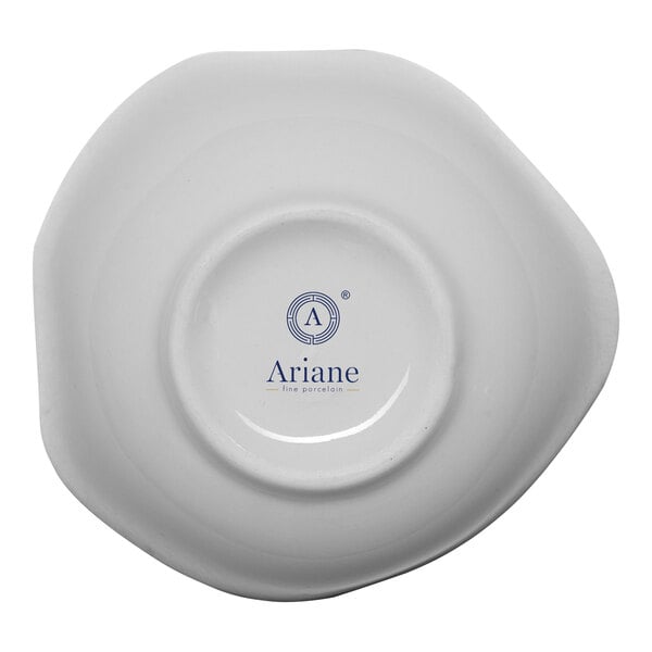 A white porcelain bowl with blue text reading "Ariane"
