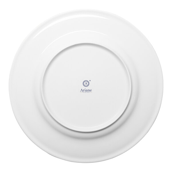 A round, warm white porcelain plate with a wide rim, shown from the bottom with the Ariane brand logo at the center.