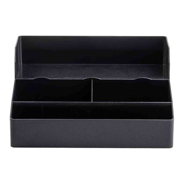 A black plastic coffee condiment organizer with four compartments.
