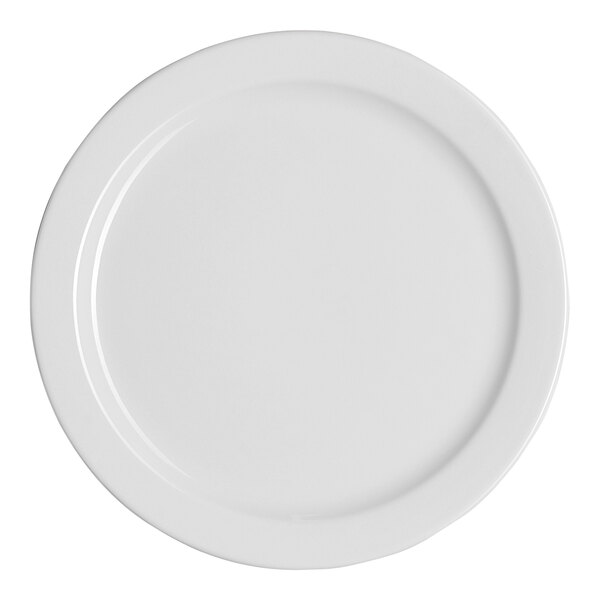 A round, warm white porcelain banquet plate with a medium rim.
