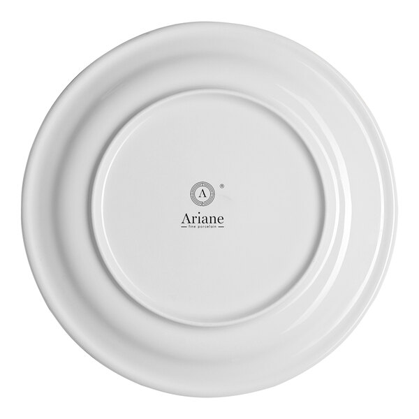 A round white porcelain banquet plate with a medium rim.