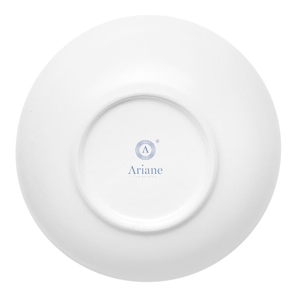 A white Ariane porcelain bowl with blue text.