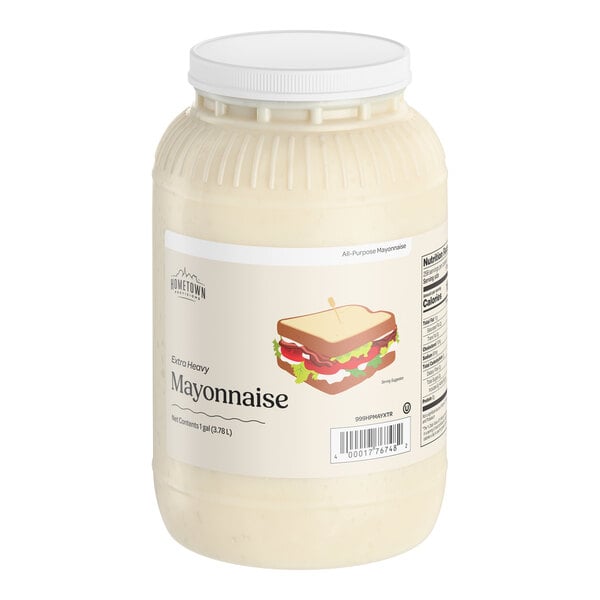 A large plastic jar of Hometown Provisions Extra Heavy Mayonnaise with a 1-gallon capacity.