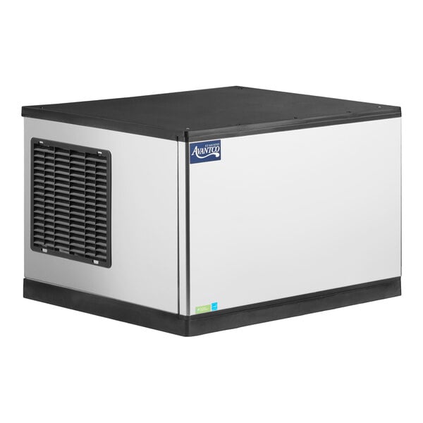 A commercial air-cooled modular half cube ice machine with a stainless steel exterior.