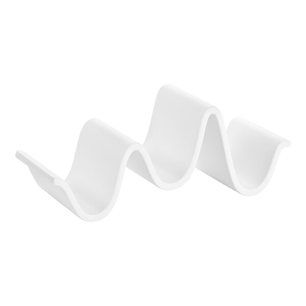 A white melamine taco stand with three wavy compartments.