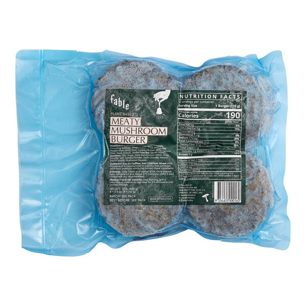 A package of Fable plant-based meaty mushroom burgers in a blue vacuum-sealed bag.