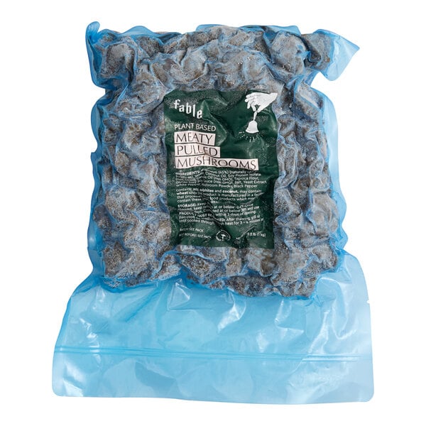 A vacuum-sealed bag of Fable plant-based pulled shiitake mushrooms.
