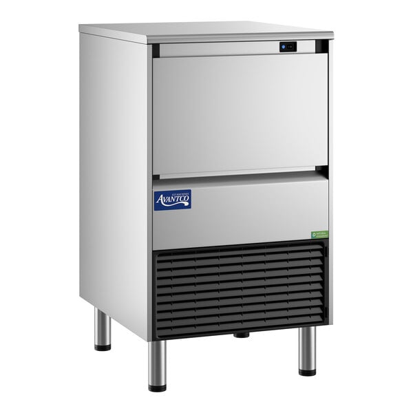 An undercounter air-cooled ice machine with a stainless steel exterior and a front-facing bin.