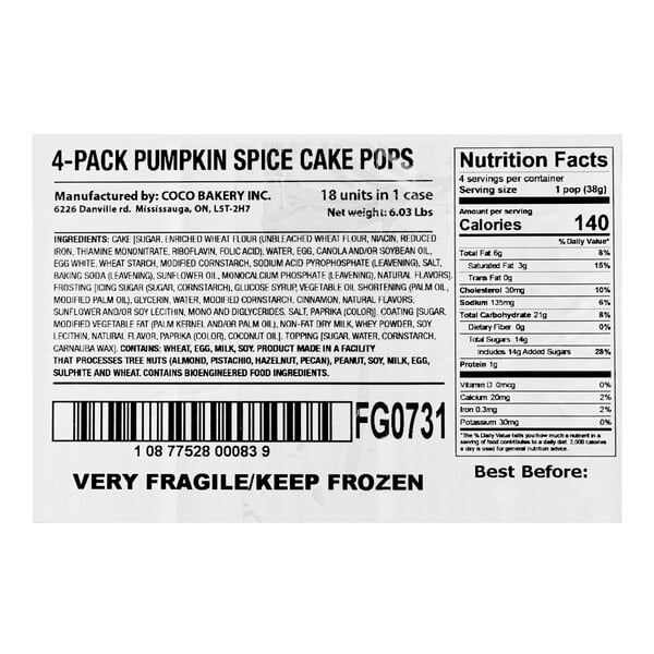 A product label for 4-pack pumpkin spice cake pops, showing ingredients, nutrition facts, barcode, and storage instructions.