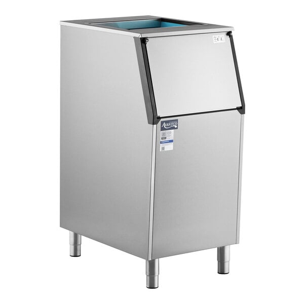 A stainless steel ice storage bin with a top opening and front access door.