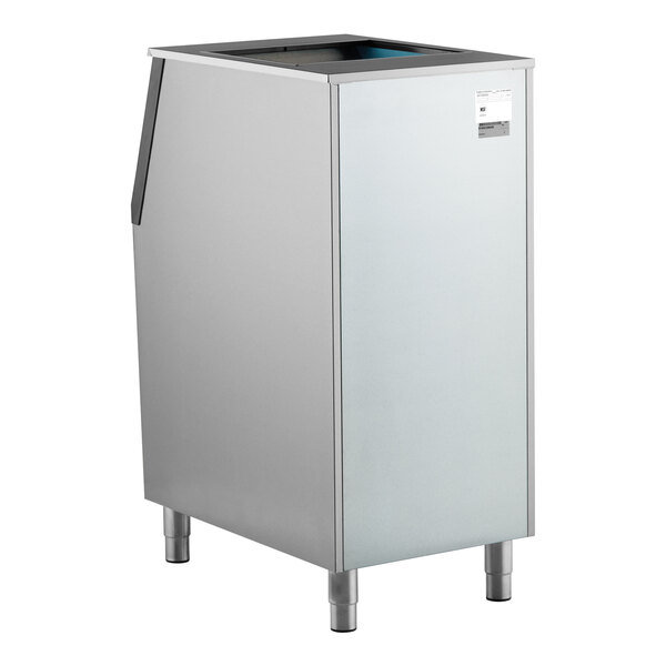 A stainless steel ice storage bin with a 400 lb. capacity.