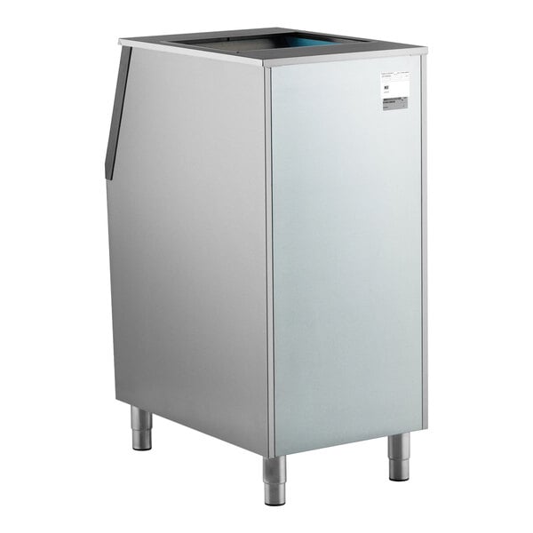 A stainless steel ice storage bin with a rectangular shape and four legs.