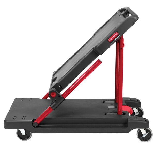 A black Rubbermaid utility cart with wheels.