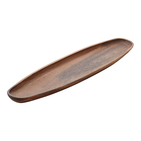 A long, oblong acacia wood display boat tray.