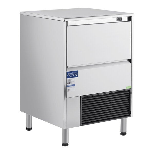 An undercounter air-cooled ice machine with a stainless steel exterior and a built-in storage bin.