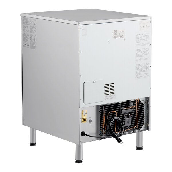 An air-cooled undercounter ice machine with a built-in storage bin and visible rear ventilation and wiring components.