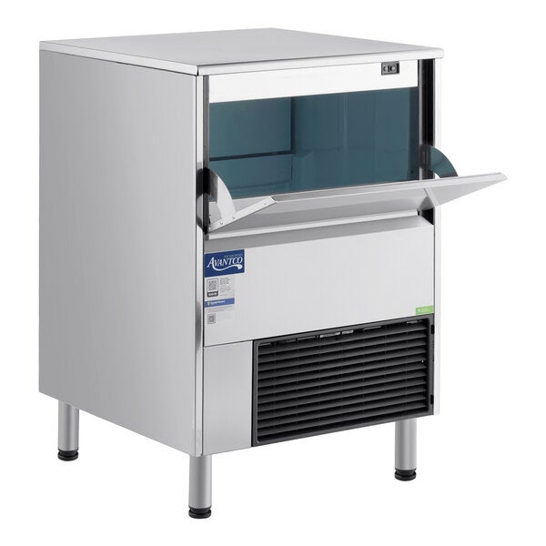 An undercounter air-cooled ice machine with a stainless steel exterior and a front-opening bin.