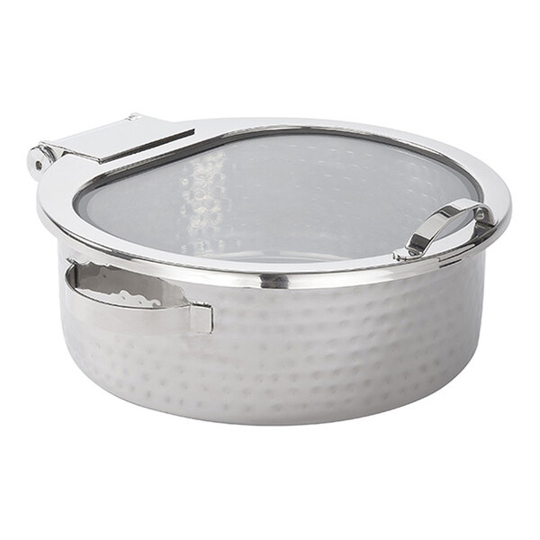 American Metalcraft Synergy 9 Qt. Hammered Stainless Steel Round Induction-Ready Chafer with Glass Top and Soft Close Lid SYNSRDHM16