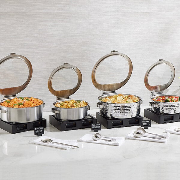 American Metalcraft Synergy 9 Qt. Hammered Stainless Steel Round Induction-Ready Chafer with Glass Top and Soft Close Lid SYNSRDHM16