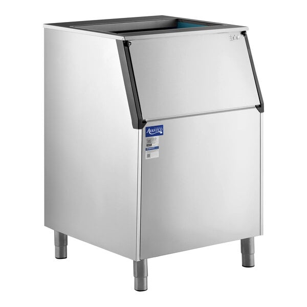 A stainless steel ice storage bin with a top opening and front access door.