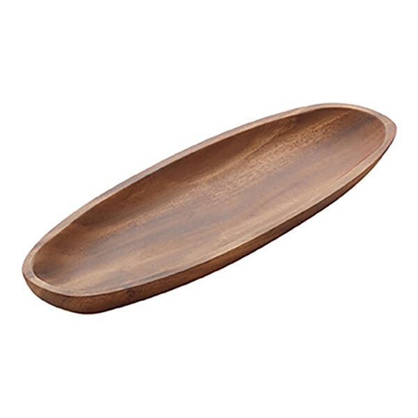An oblong acacia wood display boat measuring 12 inches by 4.5 inches.