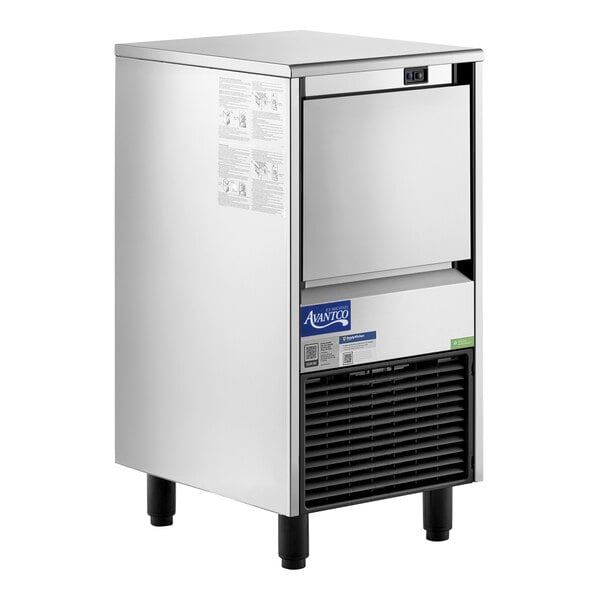 An undercounter air-cooled ice machine with a stainless steel exterior and a front-facing bin.