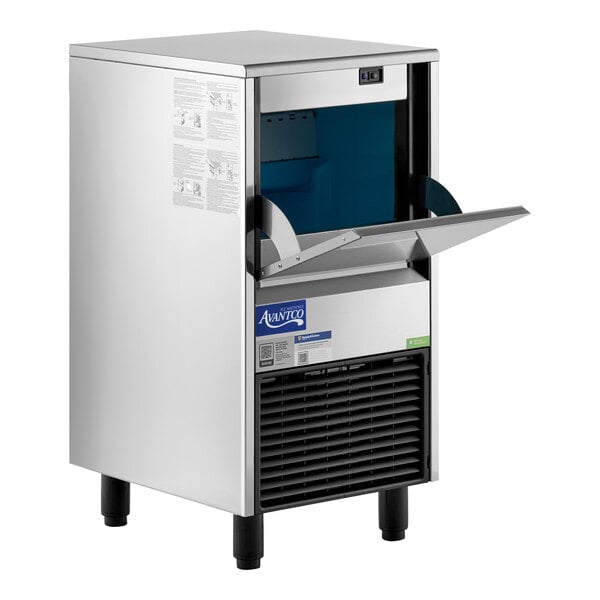 An undercounter air-cooled gourmet cube ice machine with a stainless steel exterior and a front-opening bin.