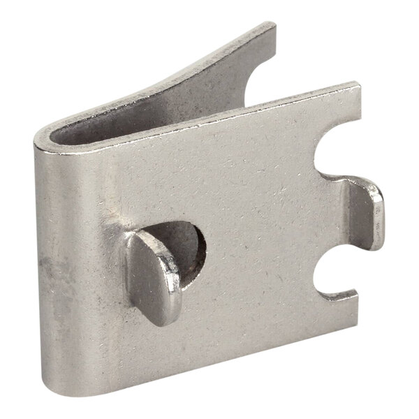 A Beverage-Air stainless steel shelf clip with two holes.