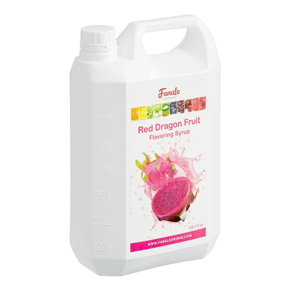 A large plastic jug of Fanale Red Dragon Fruit flavoring syrup.