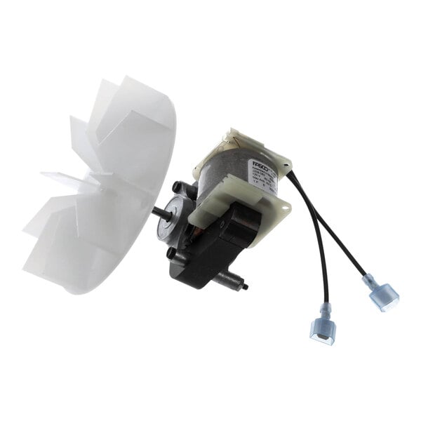 A Beverage-Air fan motor with a white plastic cover and white wire.