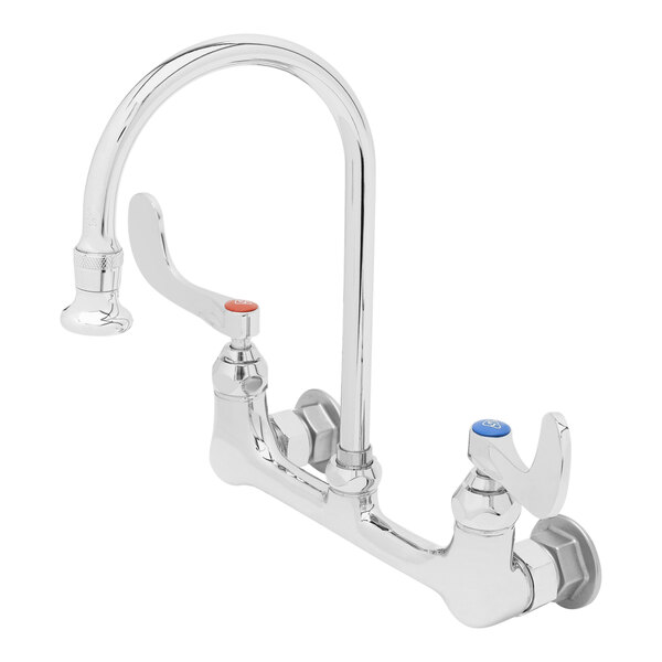 A T&S chrome wall mounted surgical sink faucet with 4" wrist action handles and 8" adjustable centers.