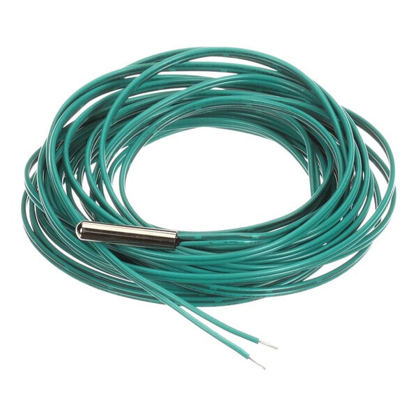 A close-up of a green wire with a metal tip.