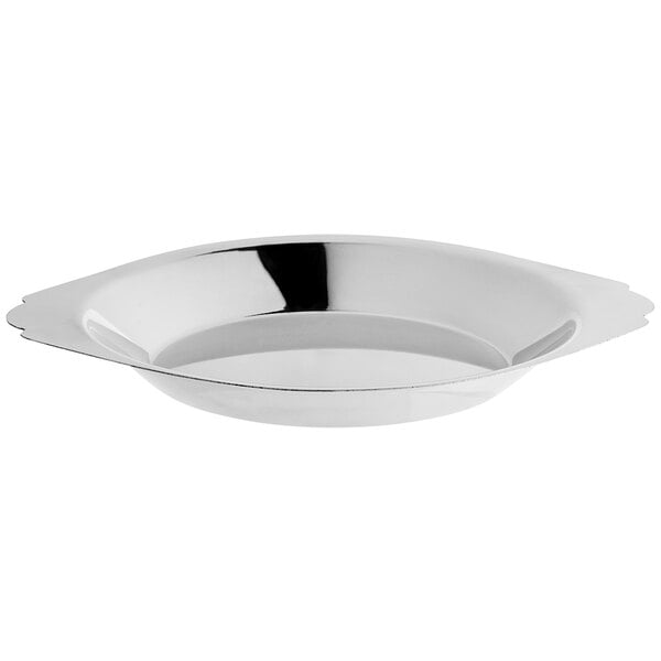 A stainless steel round au gratin dish with a 10 oz. capacity.