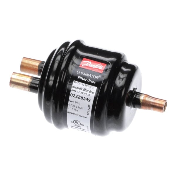A black and copper Beverage-Air filter drier.