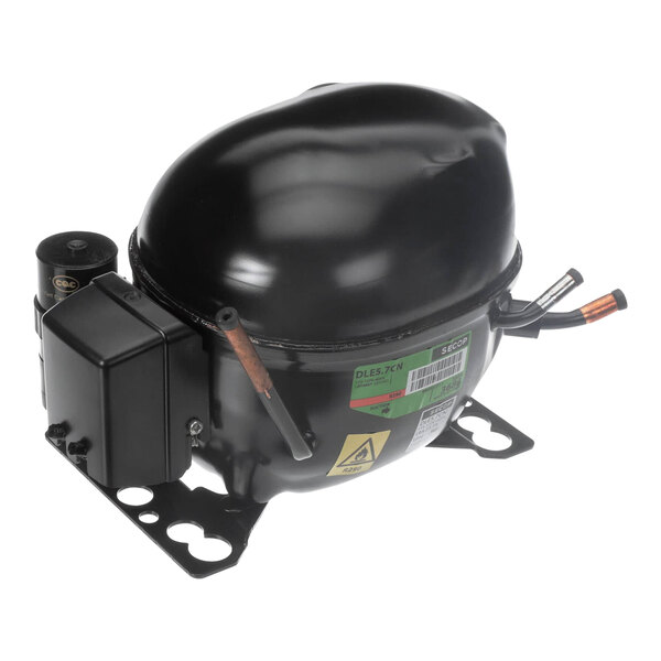 A black Delfield refrigeration compressor with a black hose.
