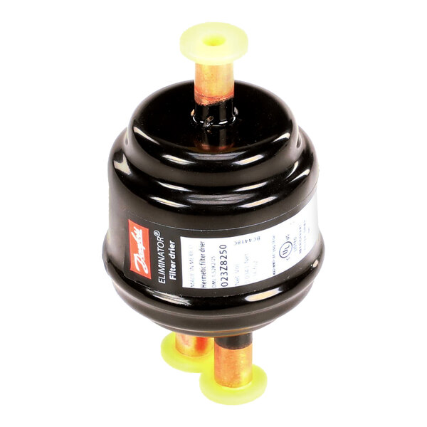 A black cylinder with two yellow caps and a white label.