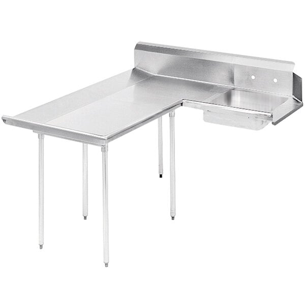 A stainless steel L-shape dishtable with legs.