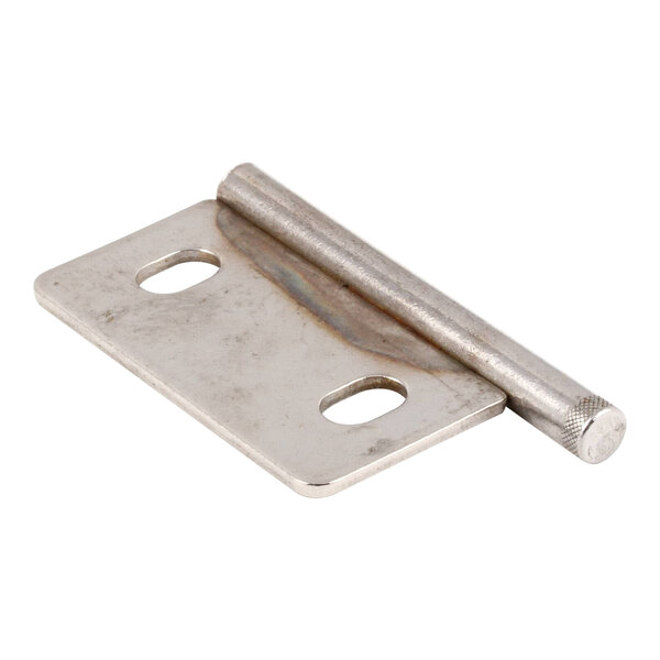 A stainless steel Beverage-Air pin assembly hinge with two holes.