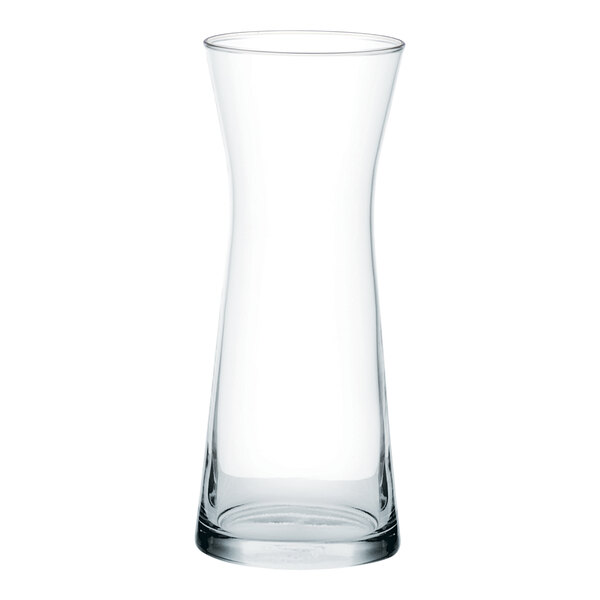A clear glass carafe with a flared top and narrow neck.