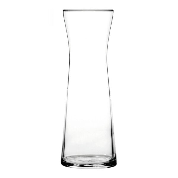 A clear glass carafe with a slightly flared neck and a wide base.