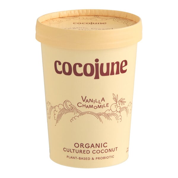 A 16-ounce container of Cocojune organic vanilla chamomile cultured coconut yogurt alternative.